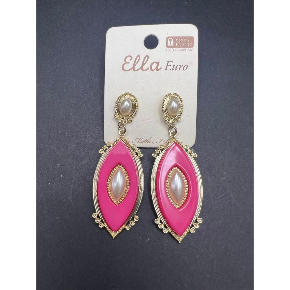 New! Ella Euro Pink Marquise Gold Tone Faux Pearl Earrings